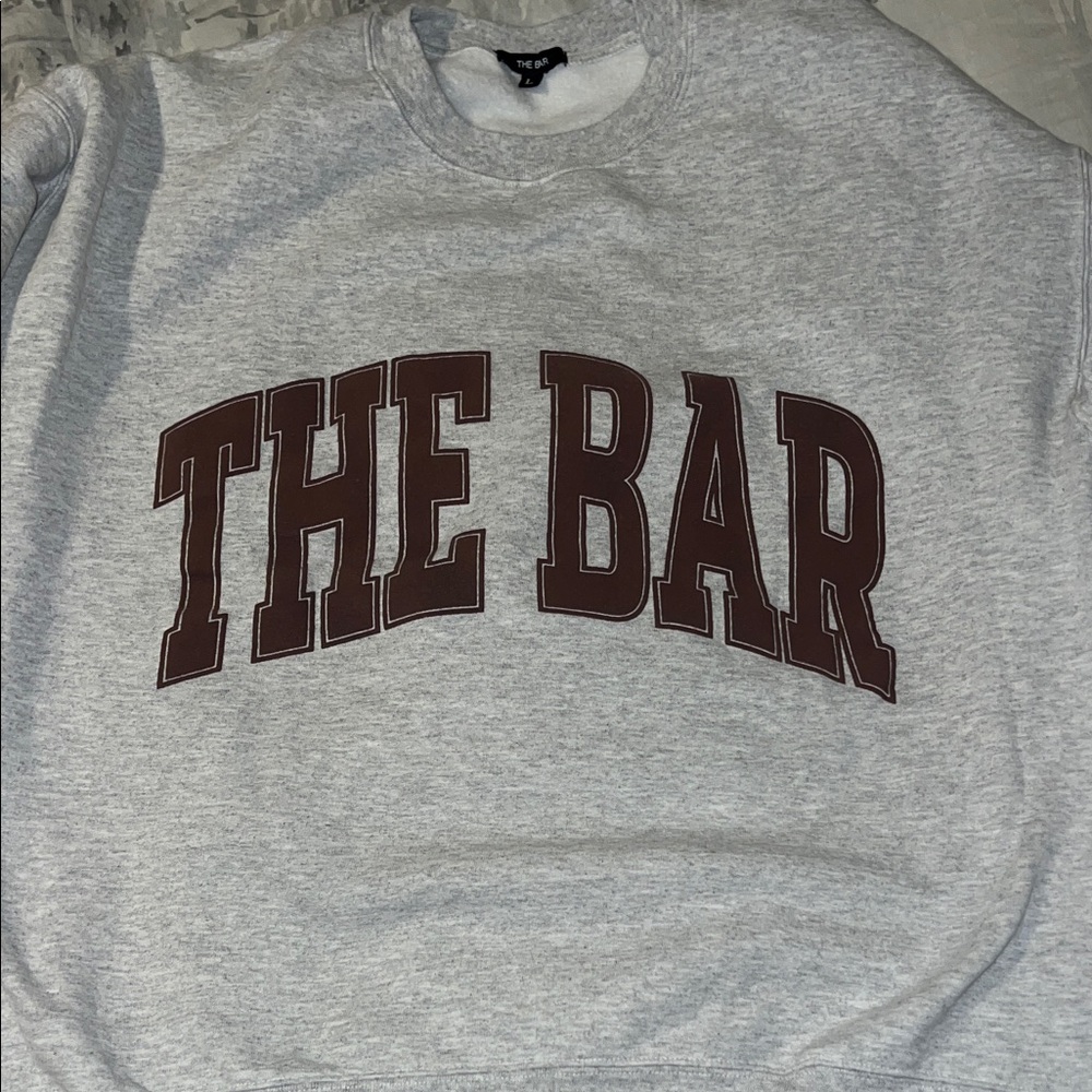 The Bar. Varsity Sweatshirt. Lt Heather Gray/and brown Women's Crew Neck Sweater